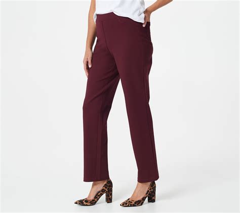 Features flat full elastic waistband, faux front fly, two pockets. . Qvc susan graver pants petite